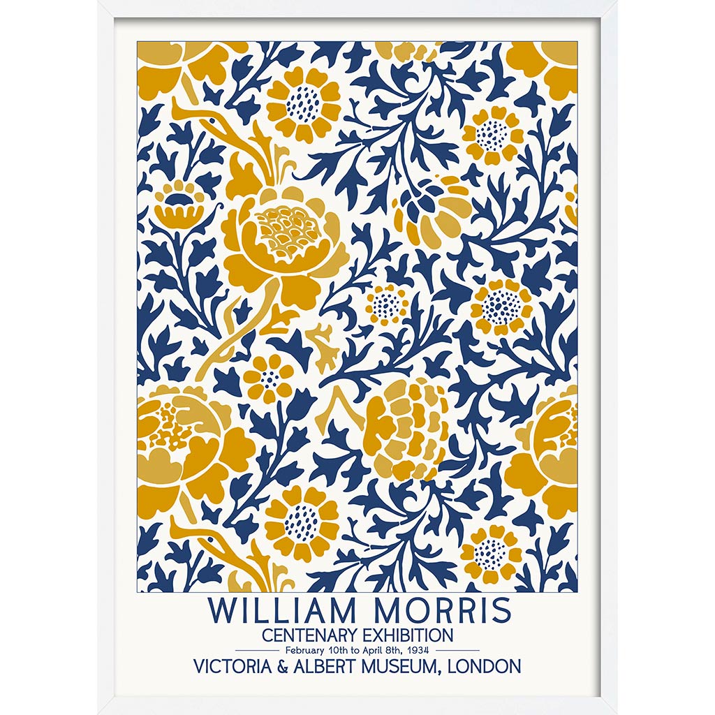 William Morris Gold & Blue | Great Britain A4 210 X 297Mm 8.3 11.7 Inches / Framed Print: White