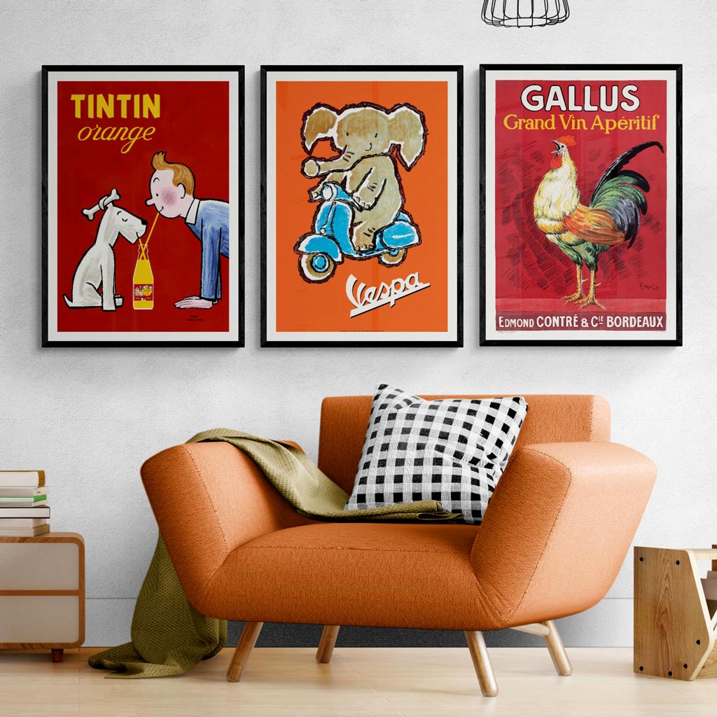 Tintin, Vespa and Gallus Framed Set of 3 Vintage Poster Print