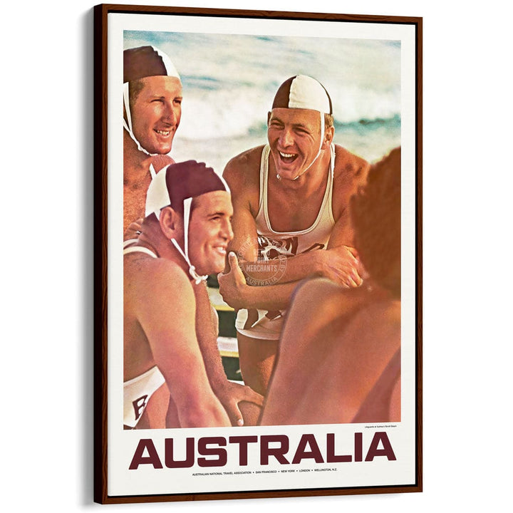 BONDI BEACH LIFEGUARDS 1960 | AUSTRALIA A3 | 297 x 420mm | 11.7 x 16.5 inches / Canvas Floating Frame: Chocolate Oak