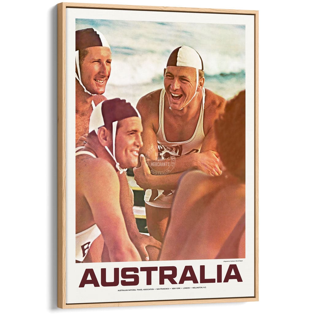 BONDI BEACH LIFEGUARDS 1960 | AUSTRALIA A3 | 297 x 420mm | 11.7 x 16.5 inches / Canvas Floating Frame: Natural Oak