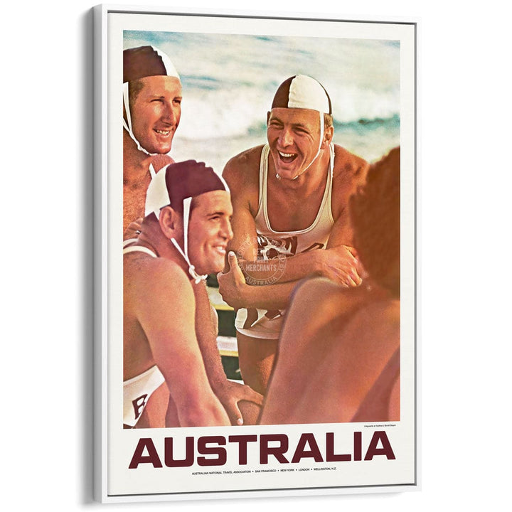 BONDI BEACH LIFEGUARDS 1960 | AUSTRALIA A3 | 297 x 420mm | 11.7 x 16.5 inches / Canvas Floating Frame: White Timber