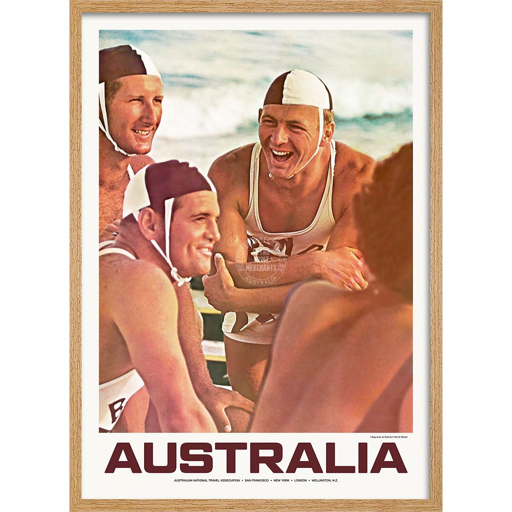 BONDI BEACH LIFEGUARDS 1960 | AUSTRALIA A3 | 297 x 420mm | 11.7 x 16.5 inches / Framed Print: Natural Oak Timber Print