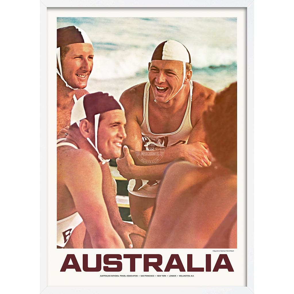 BONDI BEACH LIFEGUARDS 1960 | AUSTRALIA A3 | 297 x 420mm | 11.7 x 16.5 inches / Framed Print: White Timber Print Art