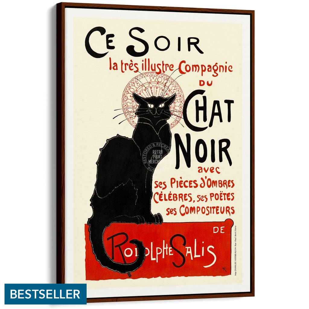 Chat Noir | France A4 210 X 297Mm 8.3 11.7 Inches / Canvas Floating Frame: Chocolate Oak Timber