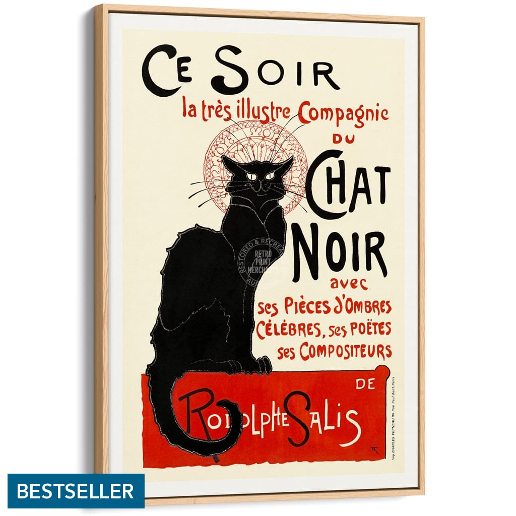 Chat Noir | France A4 210 X 297Mm 8.3 11.7 Inches / Canvas Floating Frame: Natural Oak Timber Print