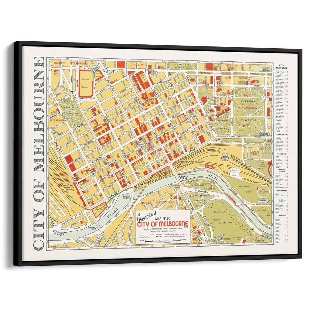 Map Of Melbourne 1951 | Australia A3 297 X 420Mm 11.7 16.5 Inches / Canvas Floating Frame - Black