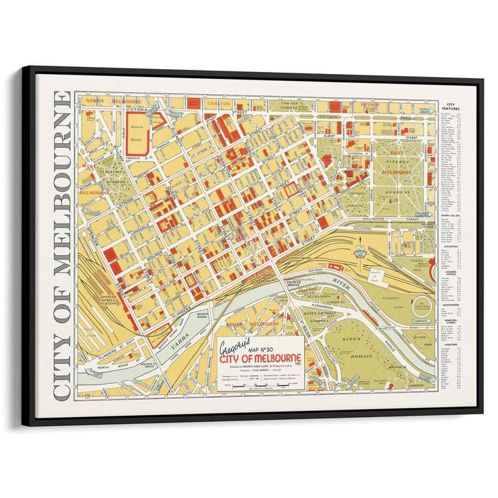 Map Of Melbourne 1951 | Australia A3 297 X 420Mm 11.7 16.5 Inches / Canvas Floating Frame - Black