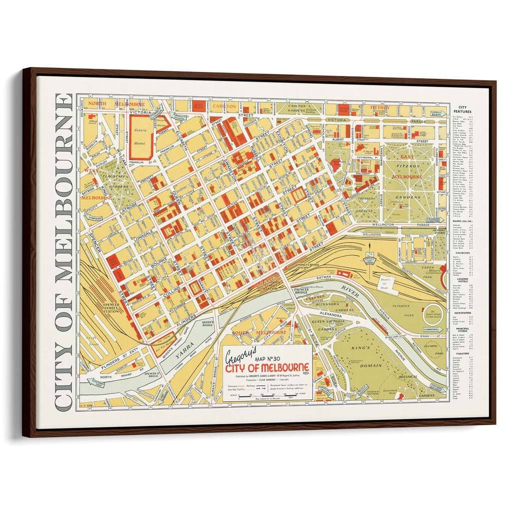 Map Of Melbourne 1951 | Australia A3 297 X 420Mm 11.7 16.5 Inches / Canvas Floating Frame - Dark Oak