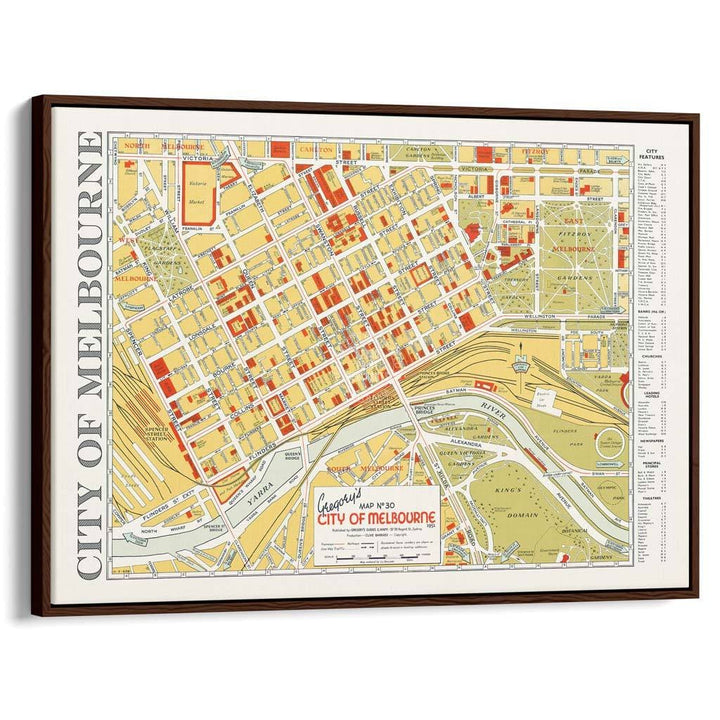 Map Of Melbourne 1951 | Australia A3 297 X 420Mm 11.7 16.5 Inches / Canvas Floating Frame - Dark Oak