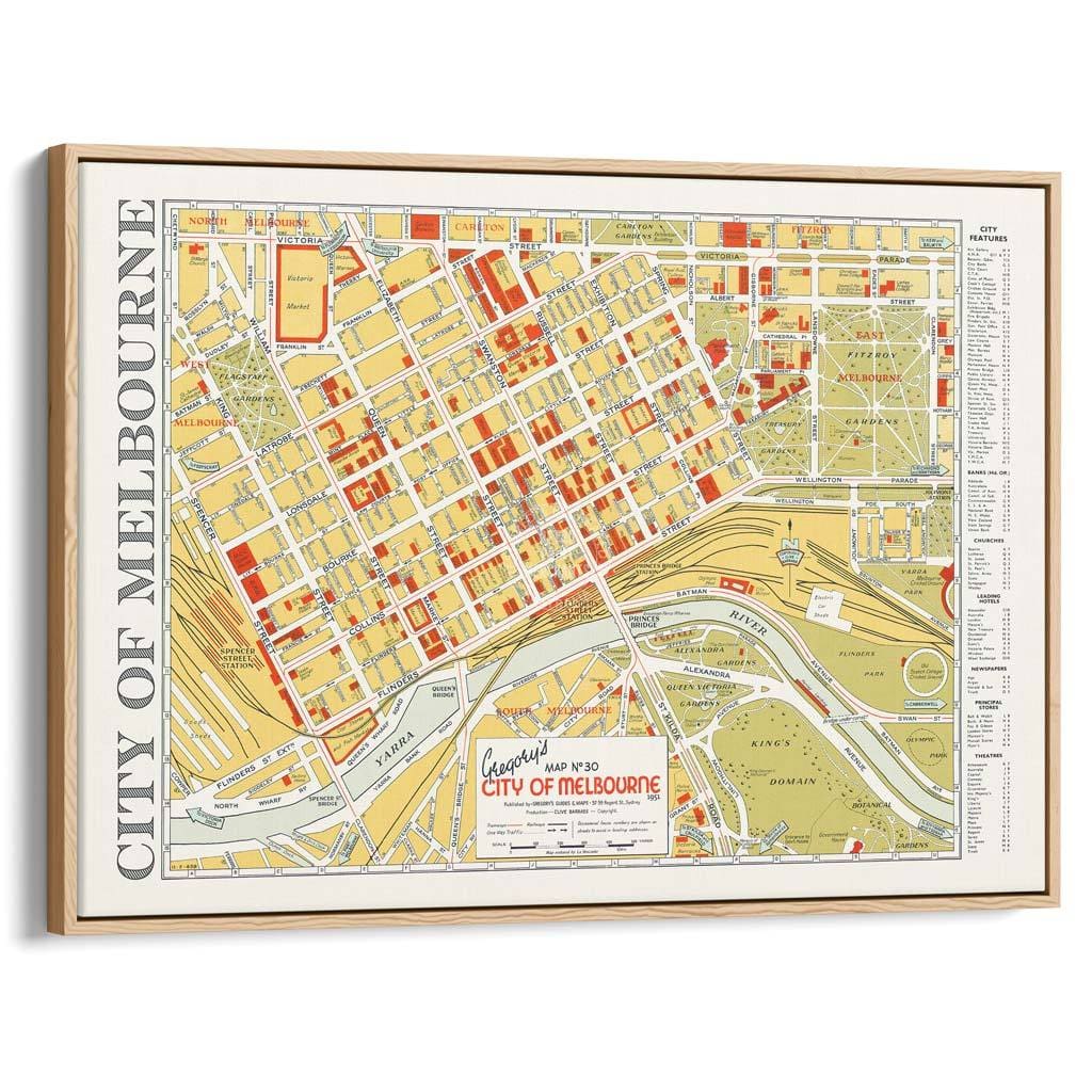 Map Of Melbourne 1951 | Australia A3 297 X 420Mm 11.7 16.5 Inches / Canvas Floating Frame - Natural