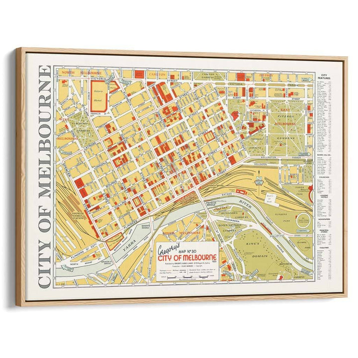 Map Of Melbourne 1951 | Australia A3 297 X 420Mm 11.7 16.5 Inches / Canvas Floating Frame - Natural