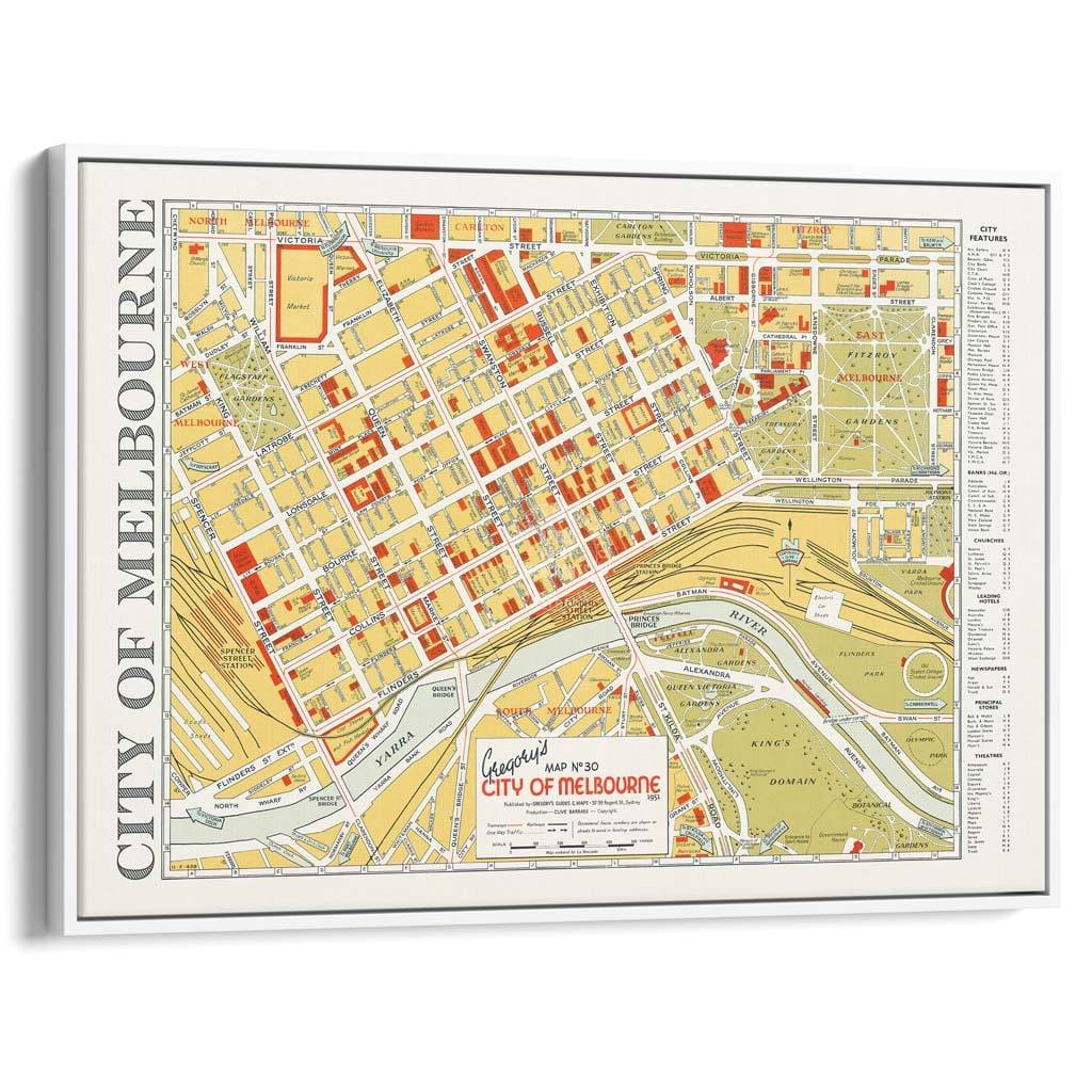 Map Of Melbourne 1951 | Australia A3 297 X 420Mm 11.7 16.5 Inches / Canvas Floating Frame - White