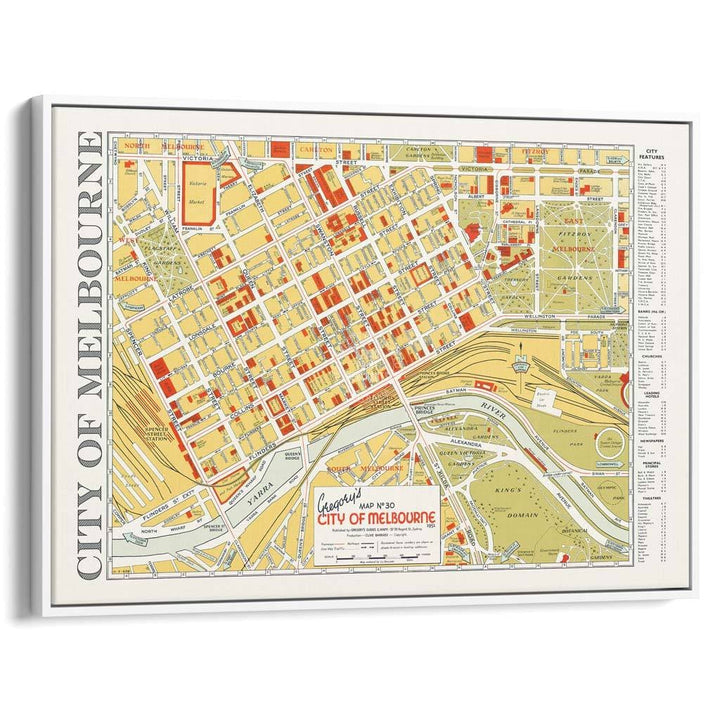 Map Of Melbourne 1951 | Australia A3 297 X 420Mm 11.7 16.5 Inches / Canvas Floating Frame - White