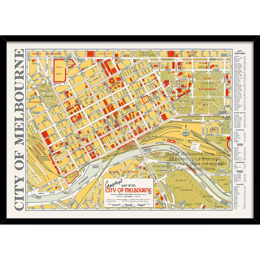 Map Of Melbourne 1951 | Australia 422Mm X 295Mm 16.6 11.6 A3 / Black Print Art