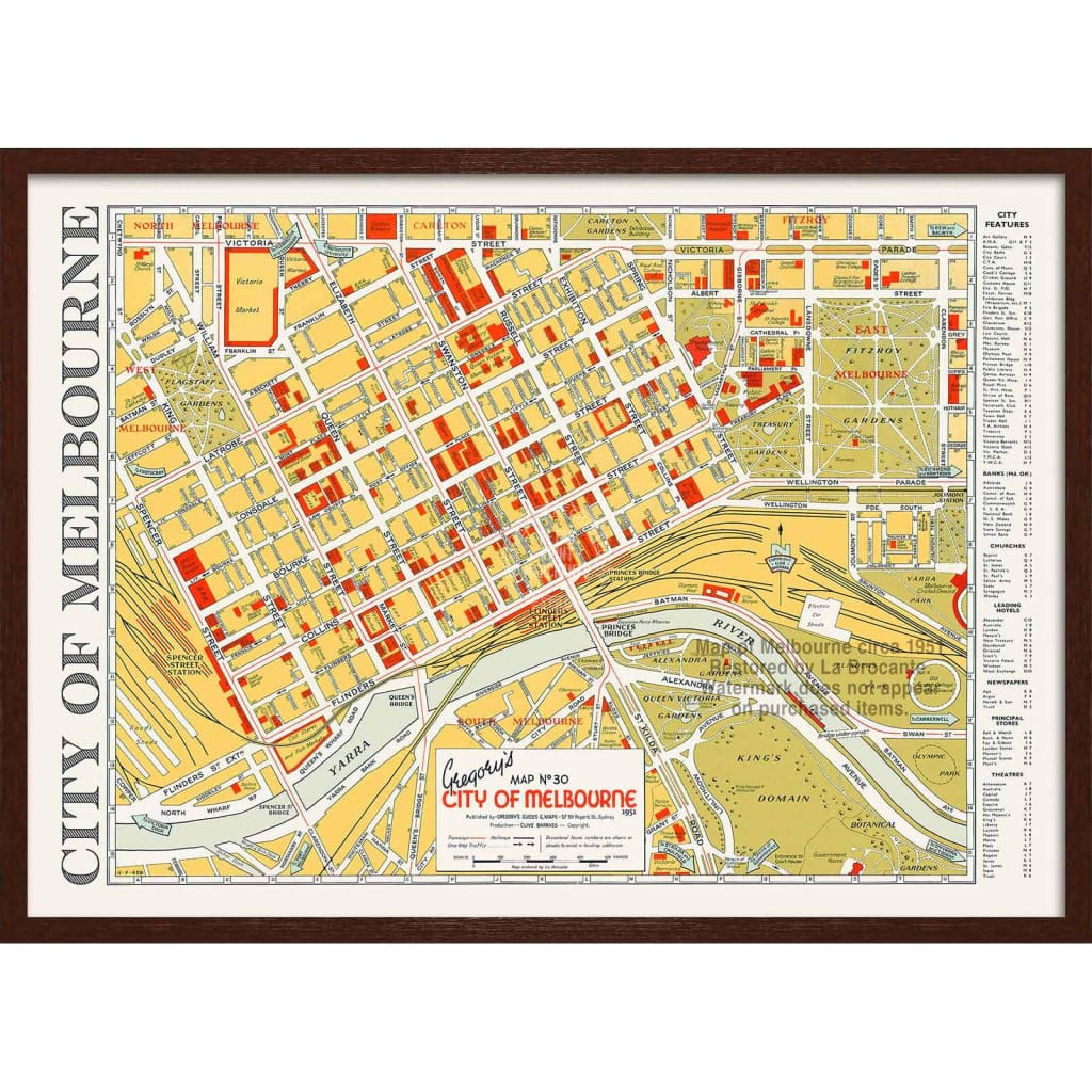 Map Of Melbourne 1951 | Australia 422Mm X 295Mm 16.6 11.6 A3 / Dark Oak Print Art