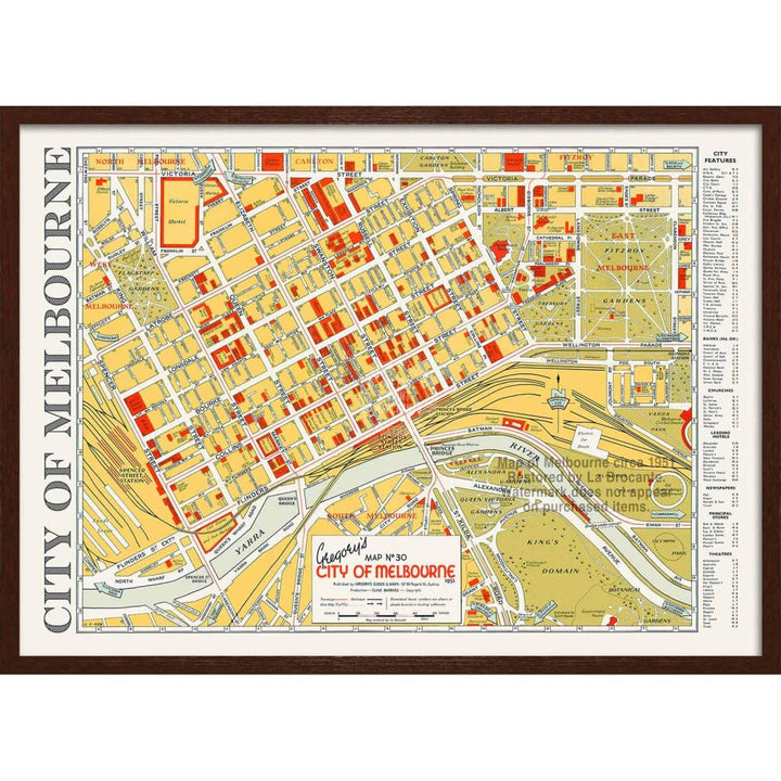 Map Of Melbourne 1951 | Australia 422Mm X 295Mm 16.6 11.6 A3 / Dark Oak Print Art
