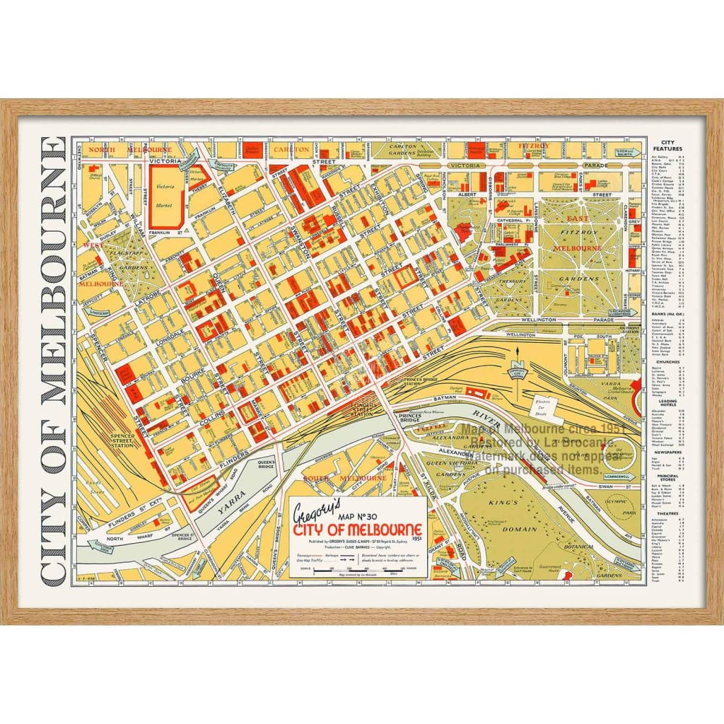 Map Of Melbourne 1951 | Australia 422Mm X 295Mm 16.6 11.6 A3 / Natural Oak Print Art