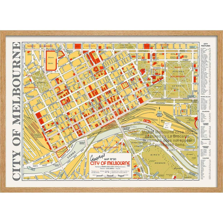 Map Of Melbourne 1951 | Australia 422Mm X 295Mm 16.6 11.6 A3 / Natural Oak Print Art