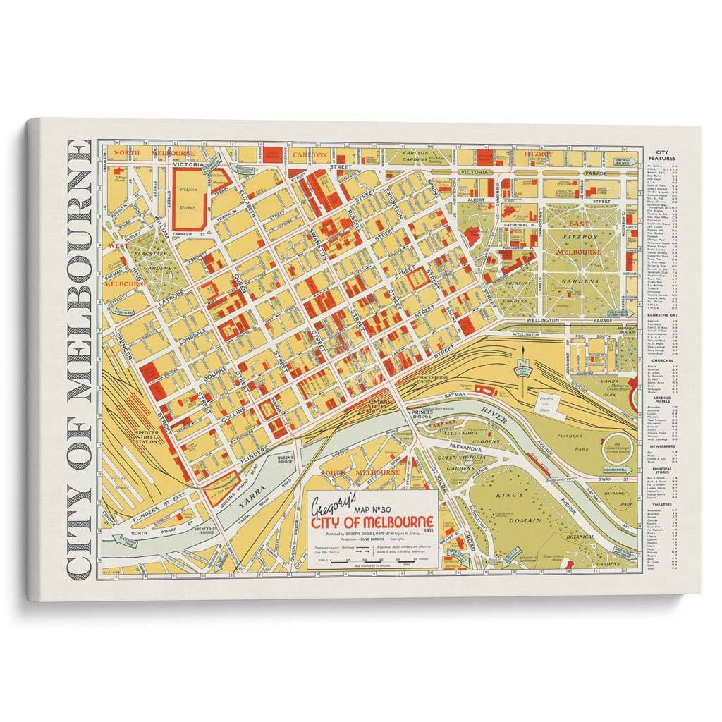 Map Of Melbourne 1951 | Australia A3 297 X 420Mm 11.7 16.5 Inches / Stretched Canvas Print Art
