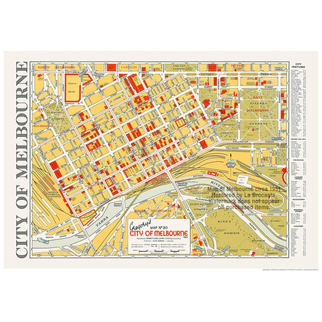 Map Of Melbourne 1951 | Australia 422Mm X 295Mm 16.6 11.6 A3 / Unframed Print Art