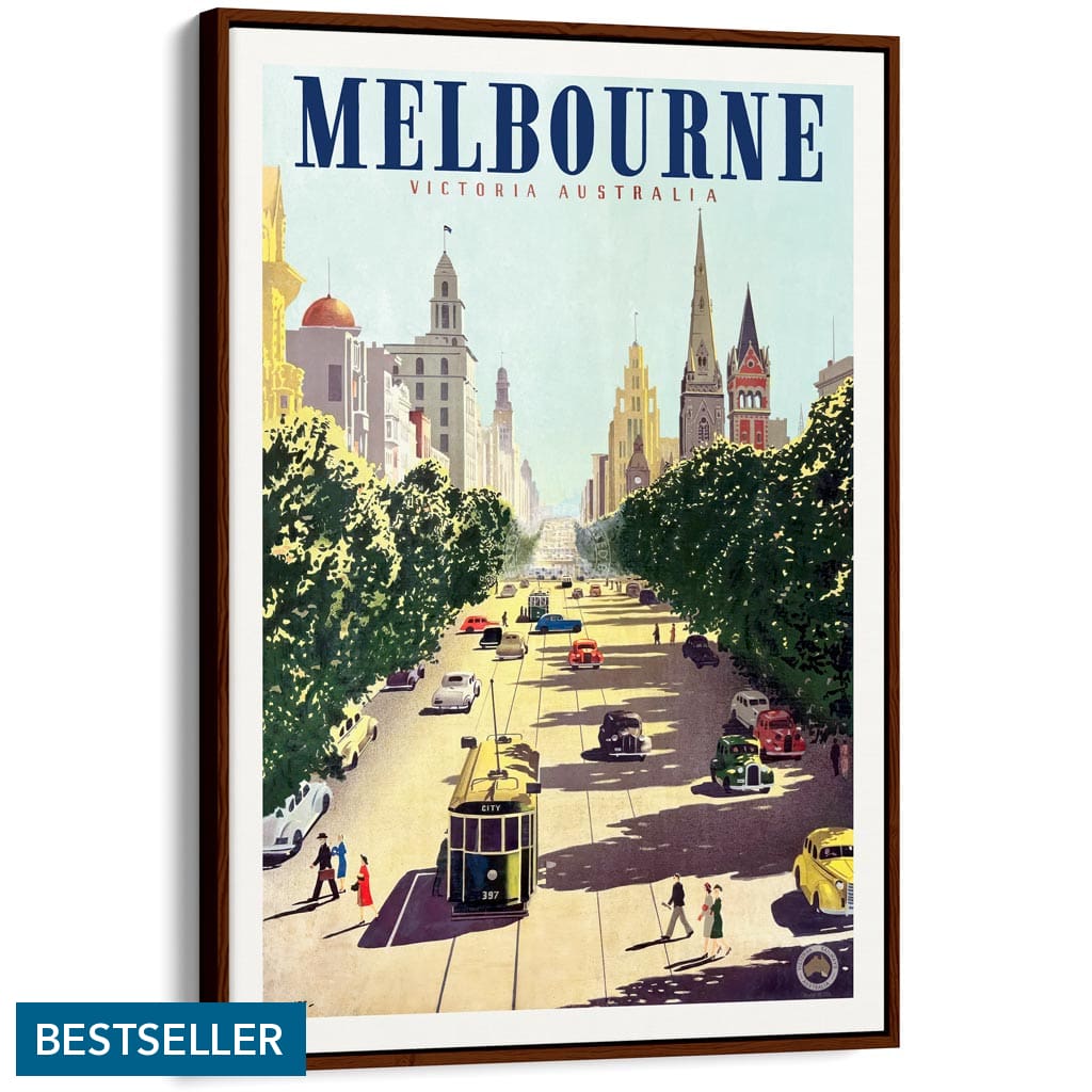 MELBOURNE COLLINS STREET | AUSTRALIA A3 | 297 x 420mm | 11.7 x 16.5 inches / Canvas Floating Frame: Chocolate Oak