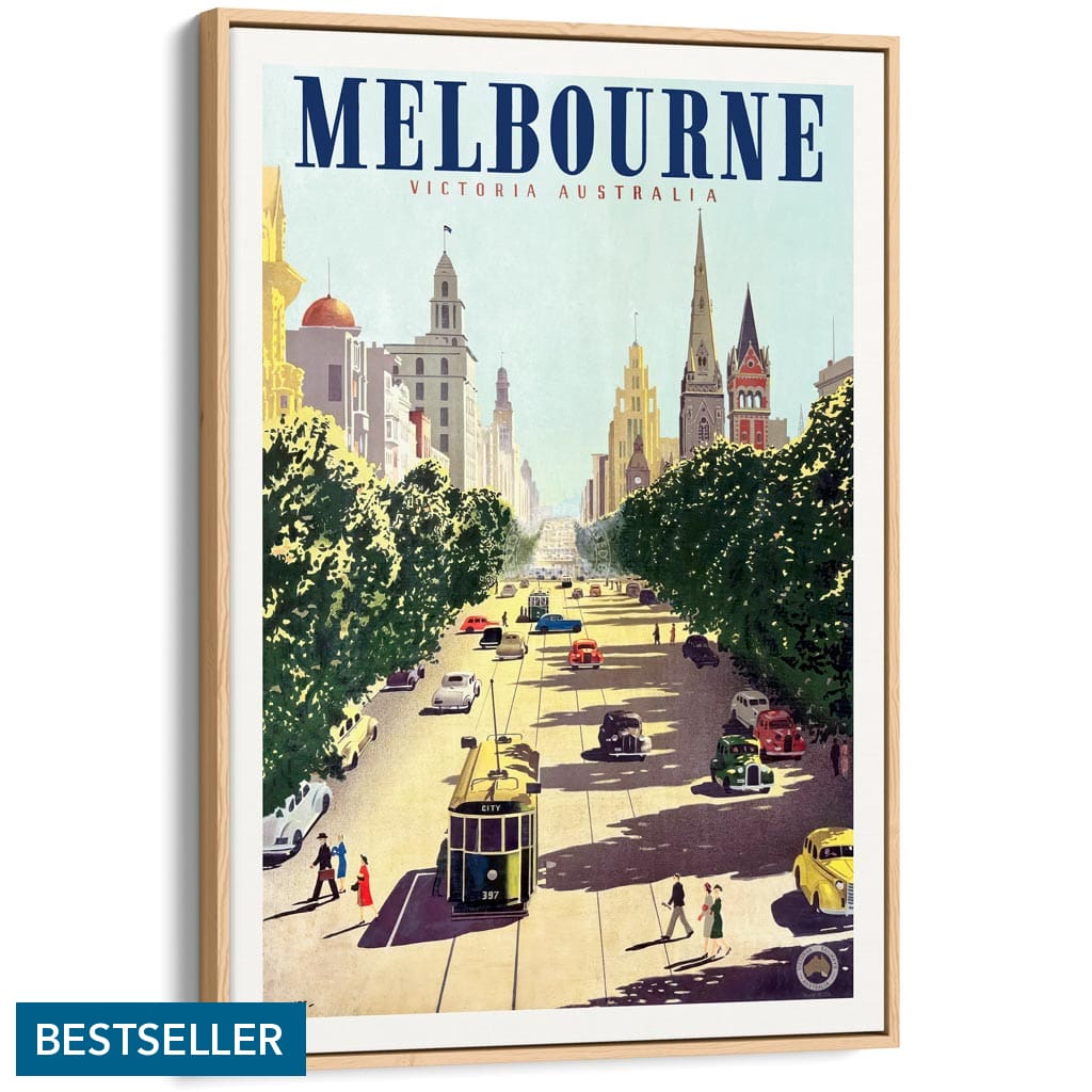 MELBOURNE COLLINS STREET | AUSTRALIA A3 | 297 x 420mm | 11.7 x 16.5 inches / Canvas Floating Frame: Natural Oak Timber