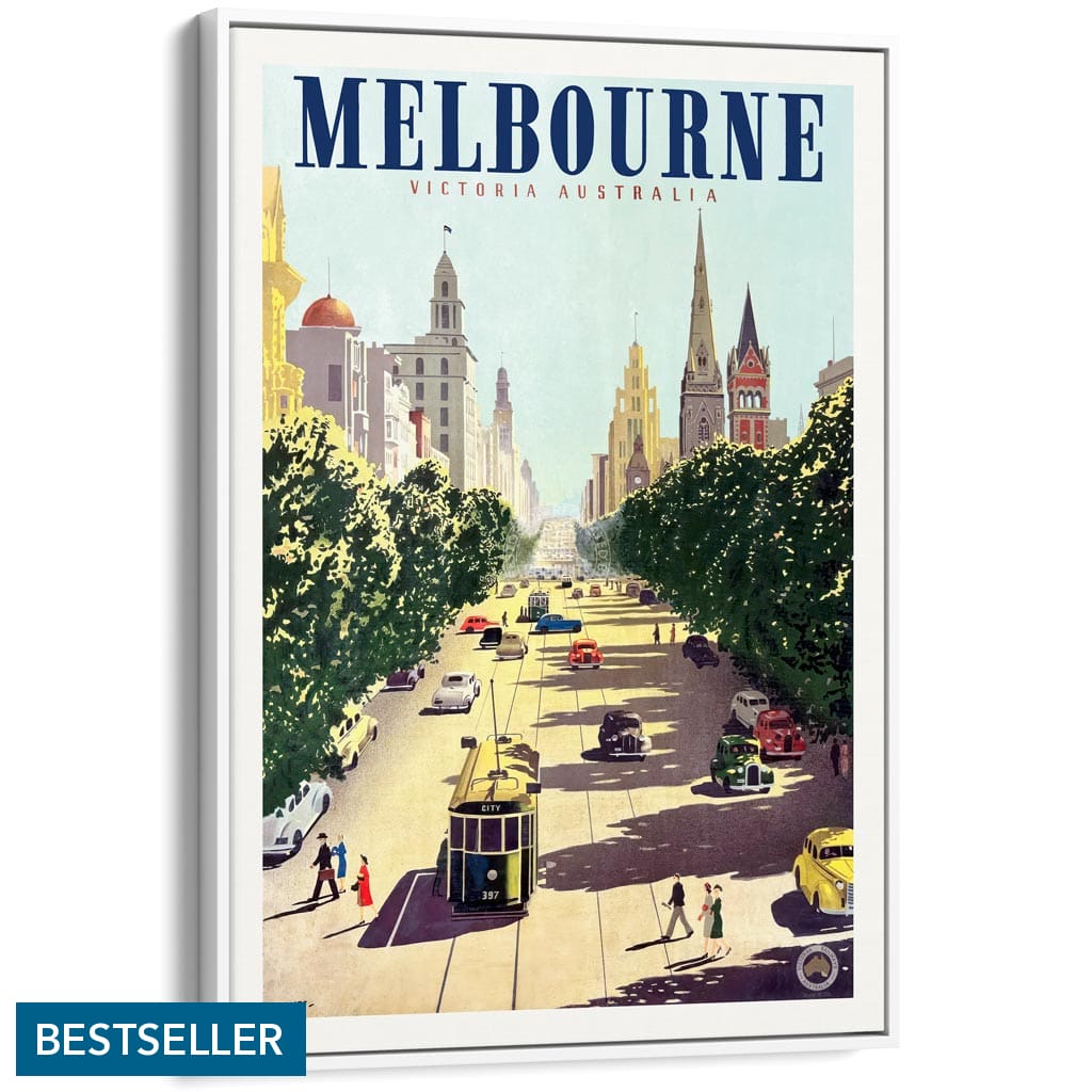 MELBOURNE COLLINS STREET | AUSTRALIA A3 | 297 x 420mm | 11.7 x 16.5 inches / Canvas Floating Frame: White Timber Print
