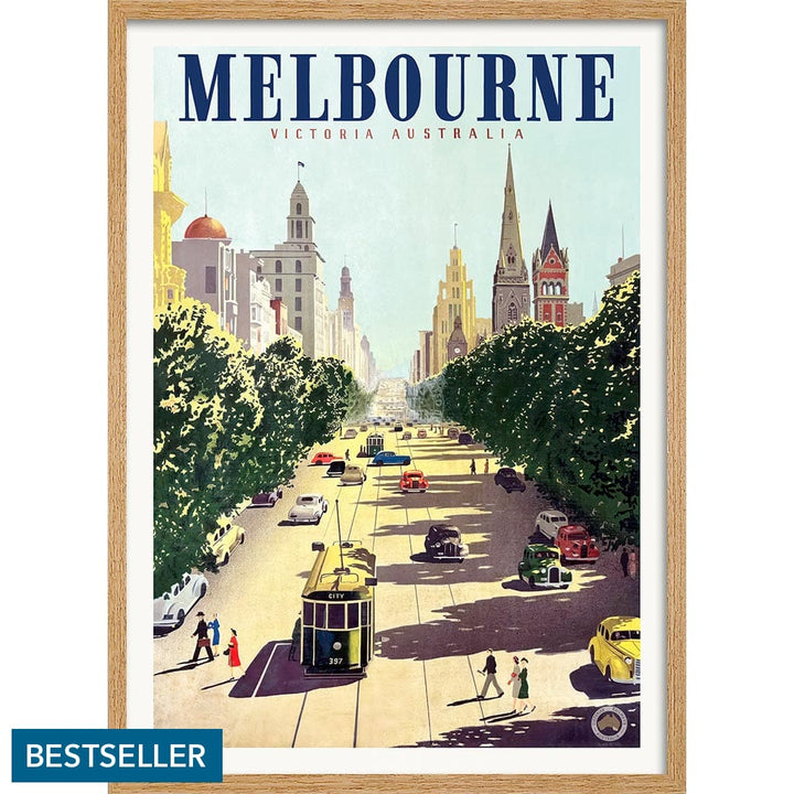 MELBOURNE COLLINS STREET | AUSTRALIA A3 | 297 x 420mm | 11.7 x 16.5 inches / Framed Print: Natural Oak Timber Print Art