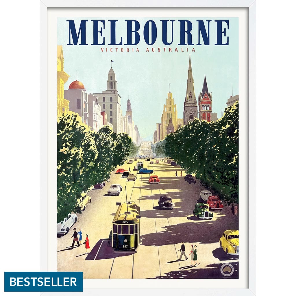MELBOURNE COLLINS STREET | AUSTRALIA A3 | 297 x 420mm | 11.7 x 16.5 inches / Framed Print: White Timber Print Art
