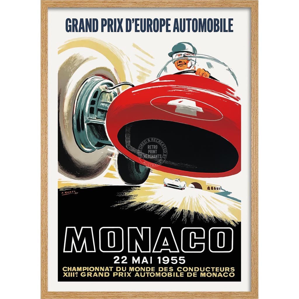Monaco Grand Prix 1955 | France A3 297 X 420Mm 11.7 16.5 Inches / Framed Print - Natural Oak Timber