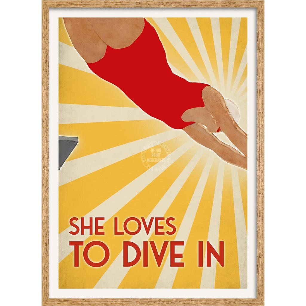 She Loves To Dive In | Australia A3 297 X 420Mm 11.7 16.5 Inches / Framed Print - Natural Oak Timber