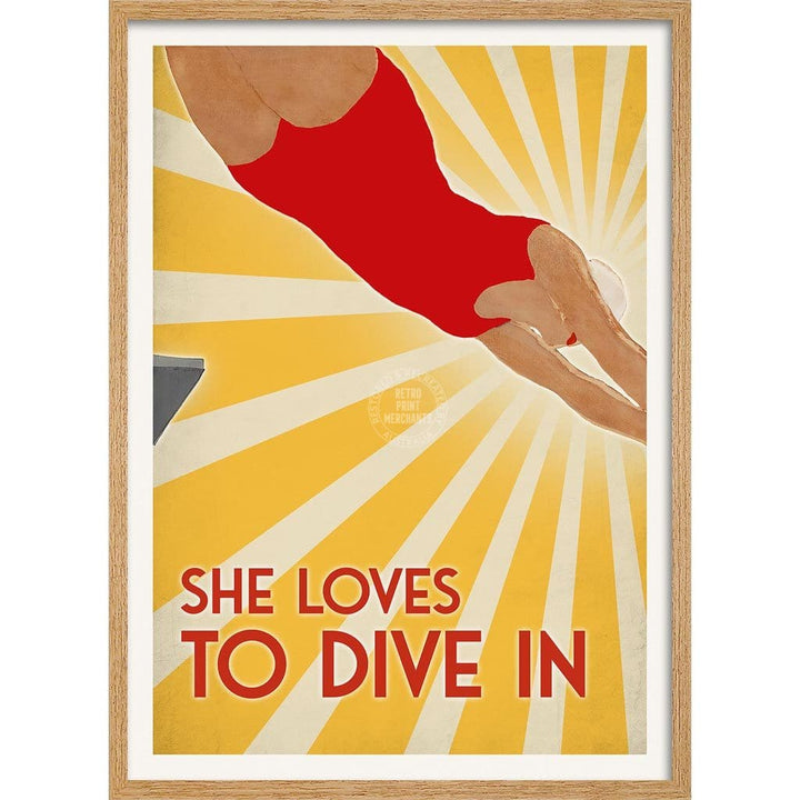 She Loves To Dive In | Australia A3 297 X 420Mm 11.7 16.5 Inches / Framed Print - Natural Oak Timber