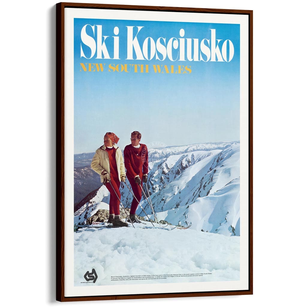 Ski Kosciuszko | Australia A3 297 X 420Mm 11.7 16.5 Inches / Canvas Floating Frame: Chocolate Oak