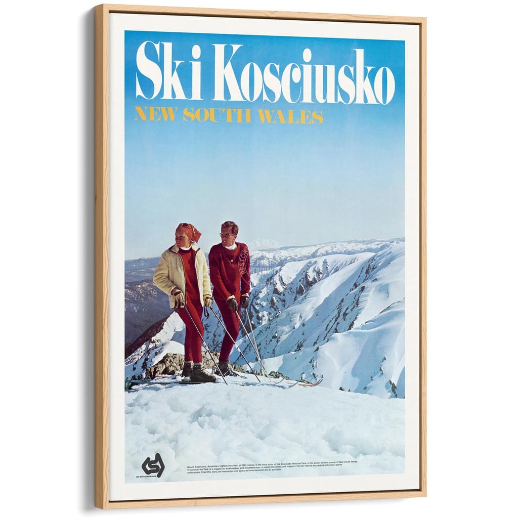 Ski Kosciuszko | Australia A3 297 X 420Mm 11.7 16.5 Inches / Canvas Floating Frame: Natural Oak