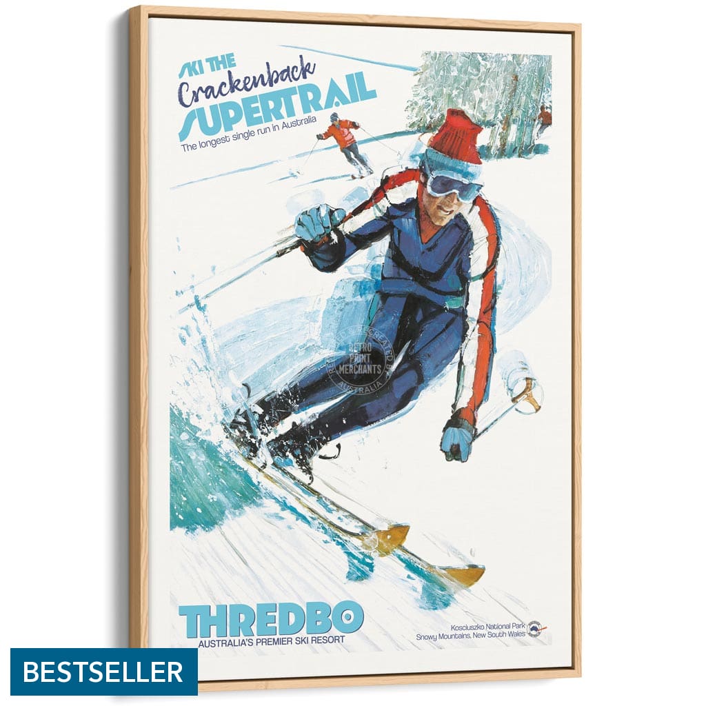 SKI THREDBO SUPERTRAIL | AUSTRALIA A3 | 297 x 420mm | 11.7 x 16.5 inches / Canvas Floating Frame: Natural Oak Timber