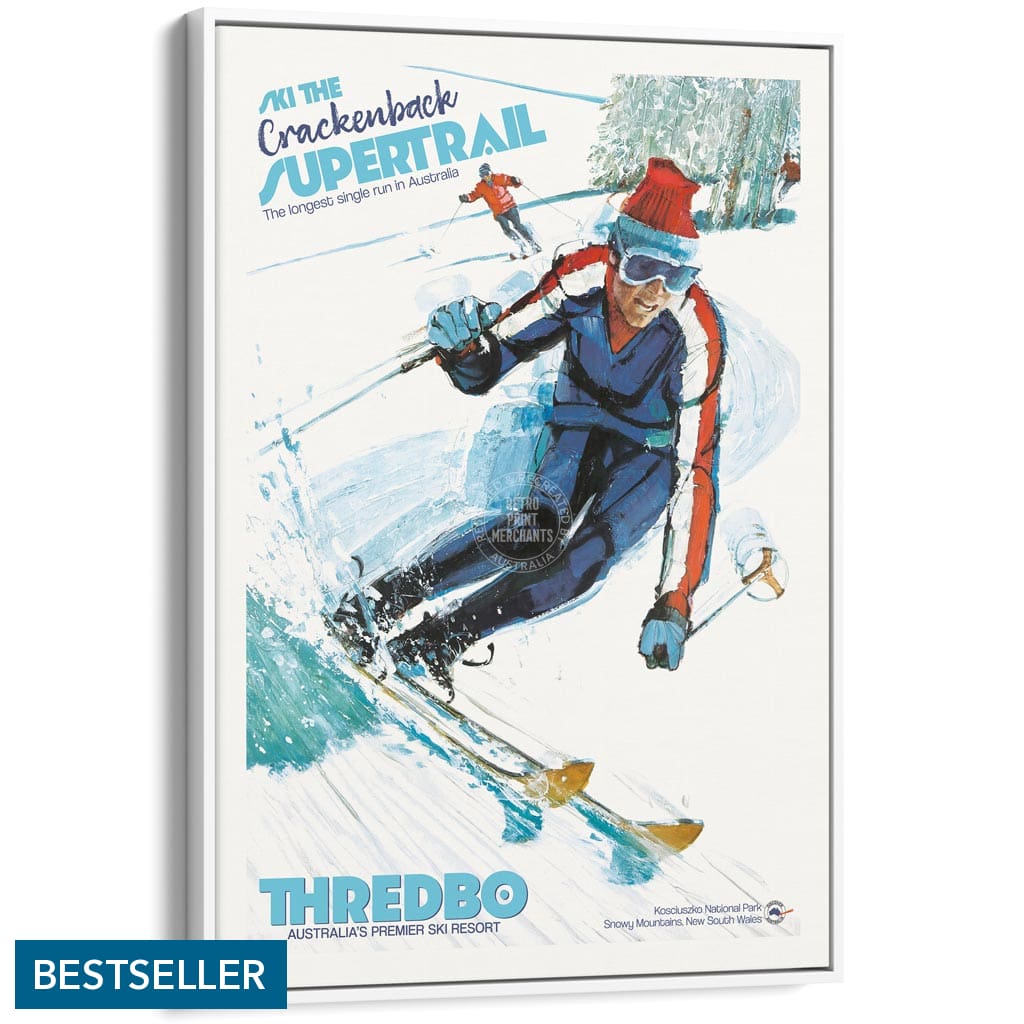 SKI THREDBO SUPERTRAIL | AUSTRALIA A3 | 297 x 420mm | 11.7 x 16.5 inches / Canvas Floating Frame: White Timber Print Art