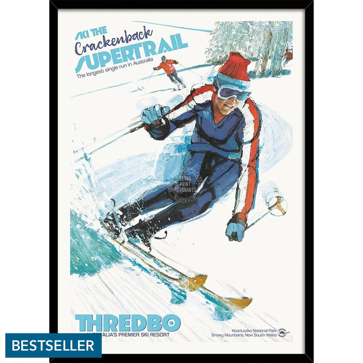 SKI THREDBO SUPERTRAIL | AUSTRALIA A3 | 297 x 420mm | 11.7 x 16.5 inches / Framed Print: Black Timber Print Art