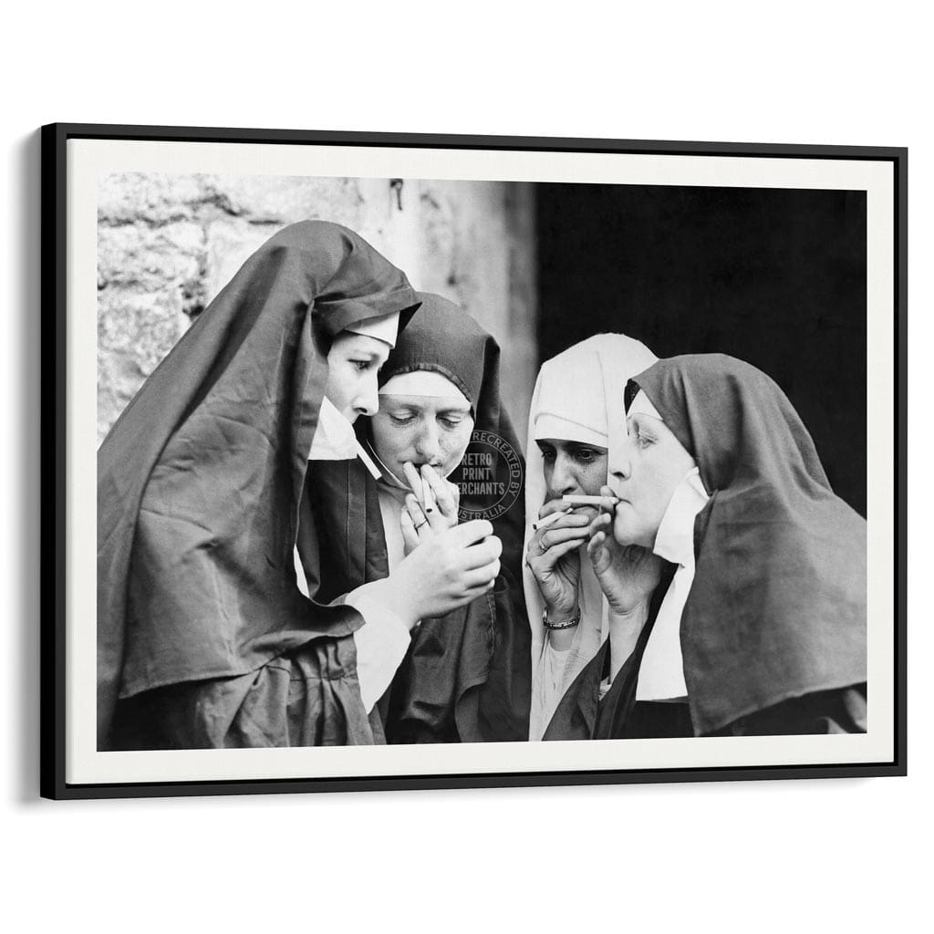 Smoking Nuns | Uk A4 210 X 297Mm 8.3 11.7 Inches / Canvas Floating Frame: Black Timber Print Art
