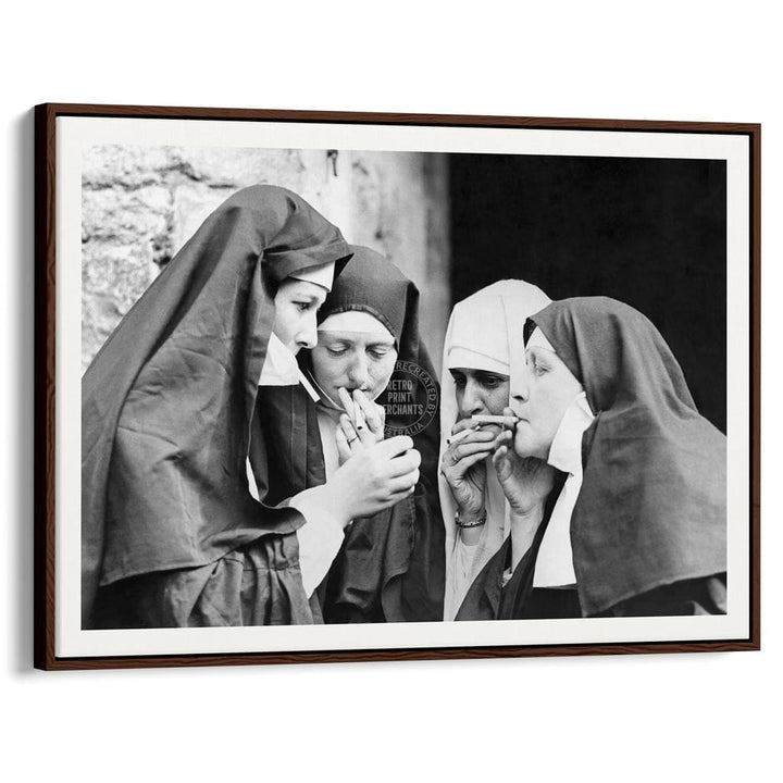 Smoking Nuns | Uk A4 210 X 297Mm 8.3 11.7 Inches / Canvas Floating Frame: Chocolate Oak Timber Print