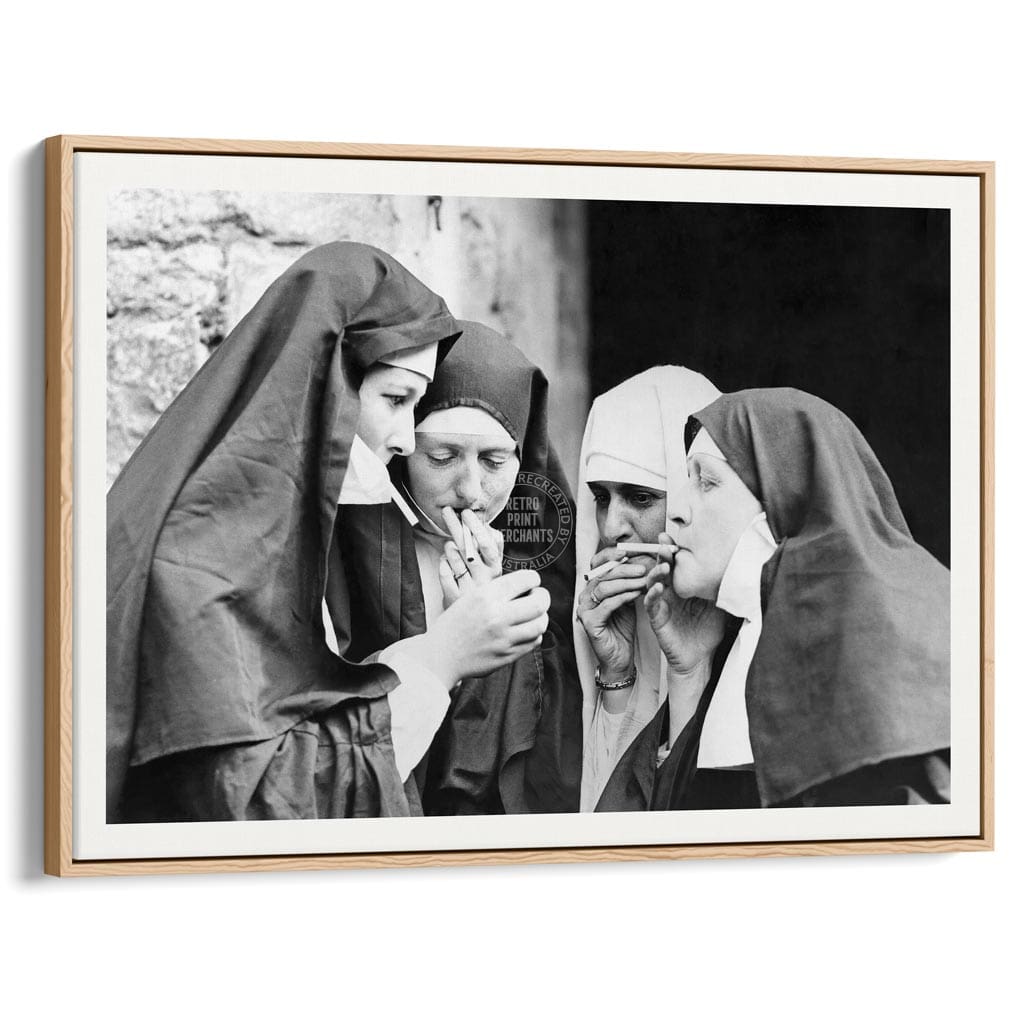Smoking Nuns | Uk A4 210 X 297Mm 8.3 11.7 Inches / Canvas Floating Frame: Natural Oak Timber Print