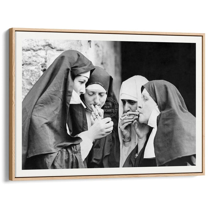 Smoking Nuns | Uk A4 210 X 297Mm 8.3 11.7 Inches / Canvas Floating Frame: Natural Oak Timber Print