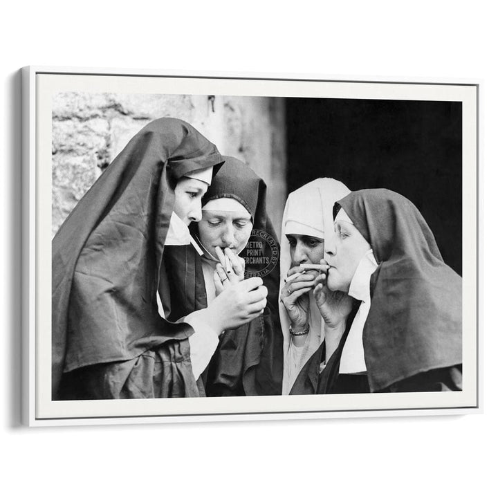 Smoking Nuns | Uk A4 210 X 297Mm 8.3 11.7 Inches / Canvas Floating Frame: White Timber Print Art