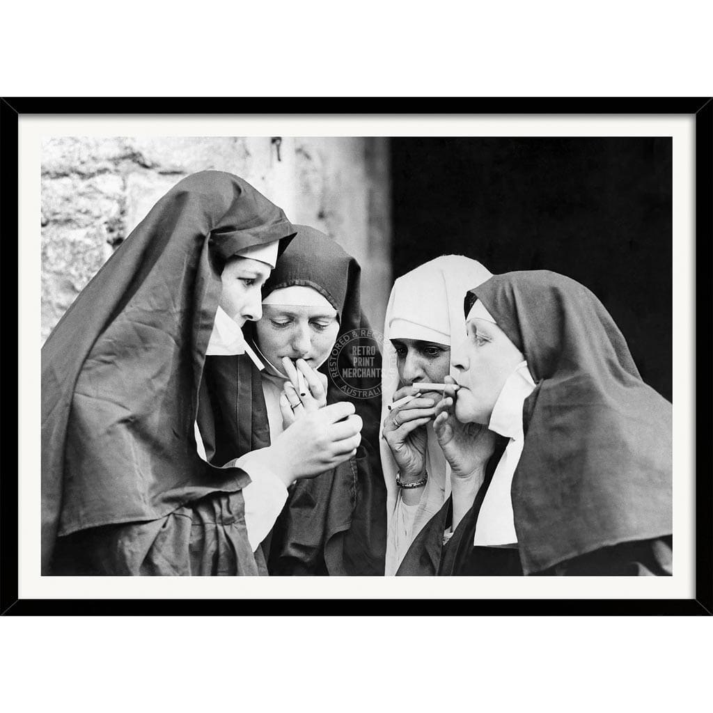 Smoking Nuns | Uk A4 210 X 297Mm 8.3 11.7 Inches / Framed Print: Black Timber Print Art