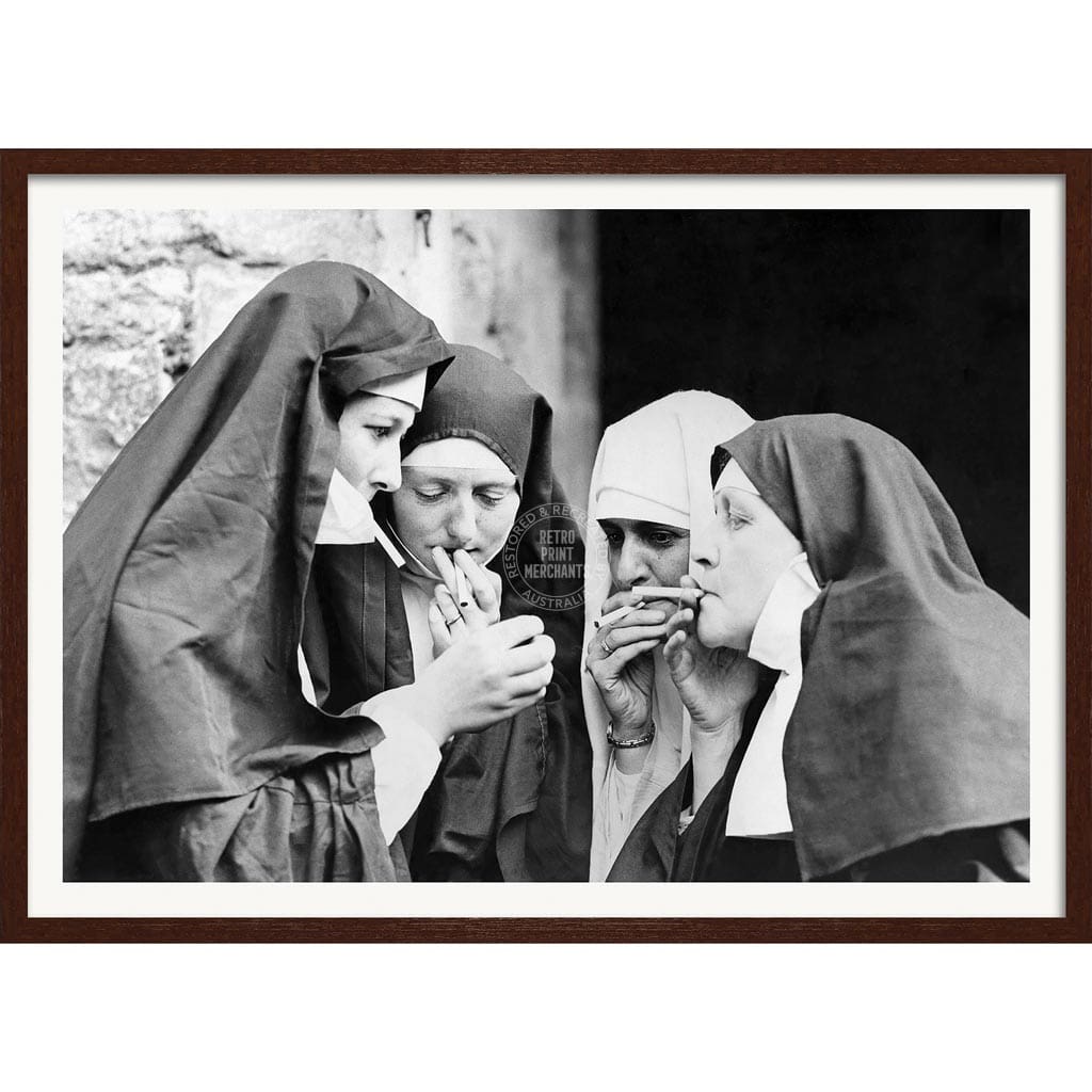 Smoking Nuns | Uk A4 210 X 297Mm 8.3 11.7 Inches / Framed Print: Chocolate Oak Timber Print Art