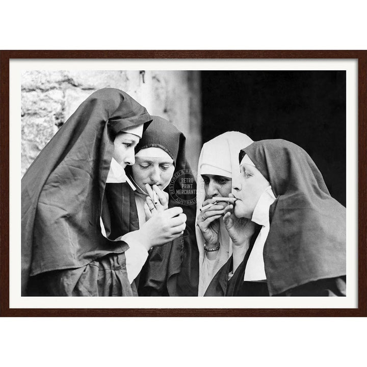 Smoking Nuns | Uk A4 210 X 297Mm 8.3 11.7 Inches / Framed Print: Chocolate Oak Timber Print Art