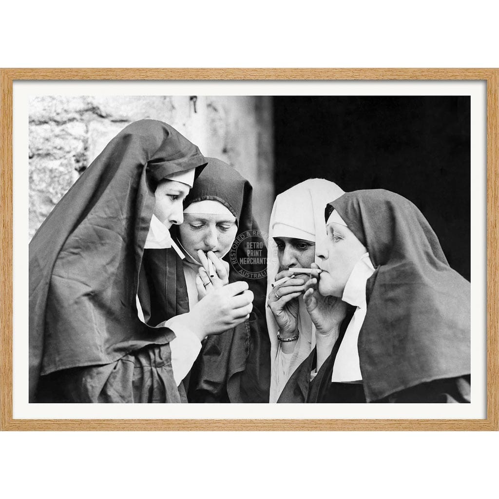 Smoking Nuns | Uk A4 210 X 297Mm 8.3 11.7 Inches / Framed Print: Natural Oak Timber Print Art