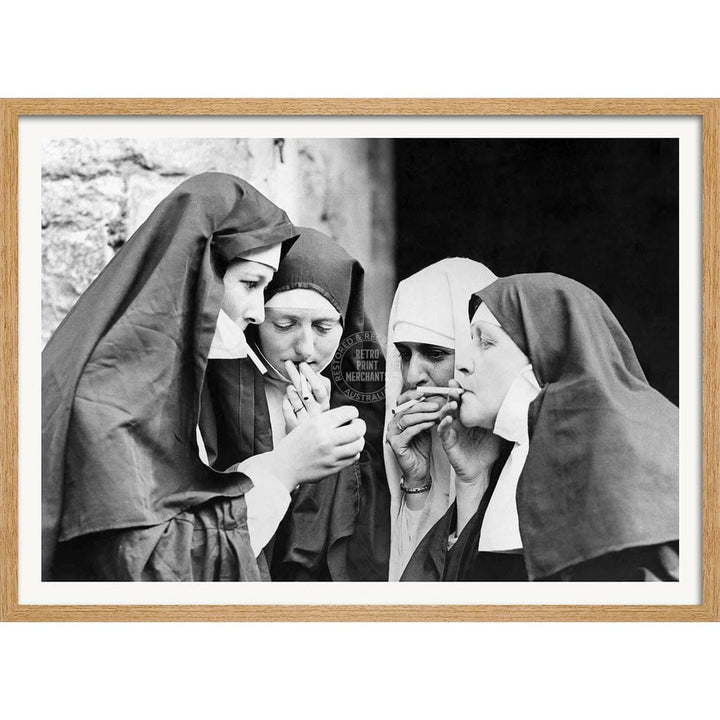 Smoking Nuns | Uk A4 210 X 297Mm 8.3 11.7 Inches / Framed Print: Natural Oak Timber Print Art