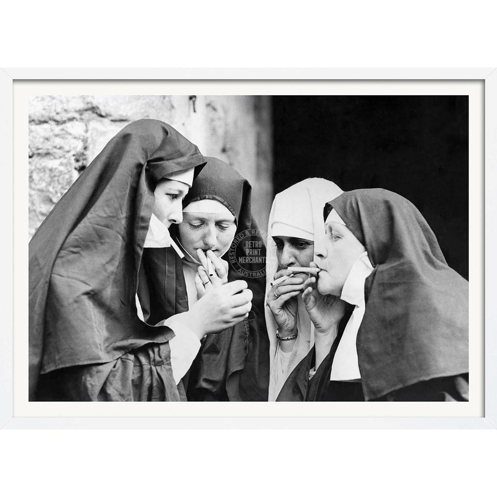 Smoking Nuns | Uk A4 210 X 297Mm 8.3 11.7 Inches / Framed Print: White Timber Print Art
