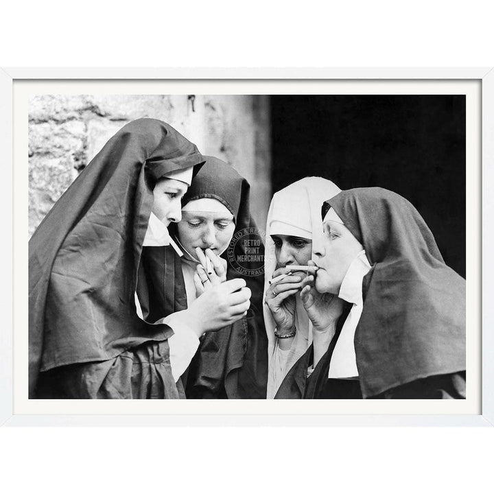 Smoking Nuns | Uk A4 210 X 297Mm 8.3 11.7 Inches / Framed Print: White Timber Print Art