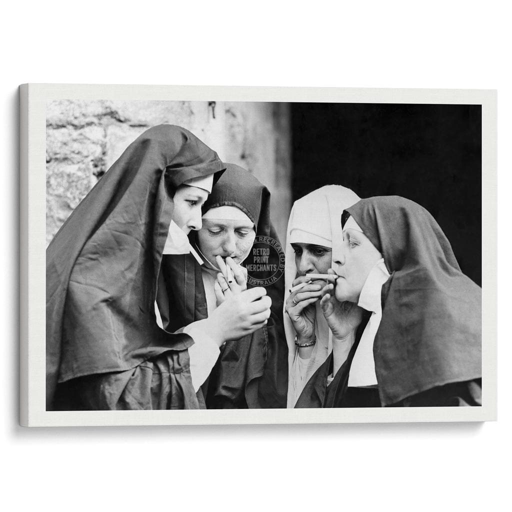 Smoking Nuns | Uk A4 210 X 297Mm 8.3 11.7 Inches / Stretched Canvas Print Art